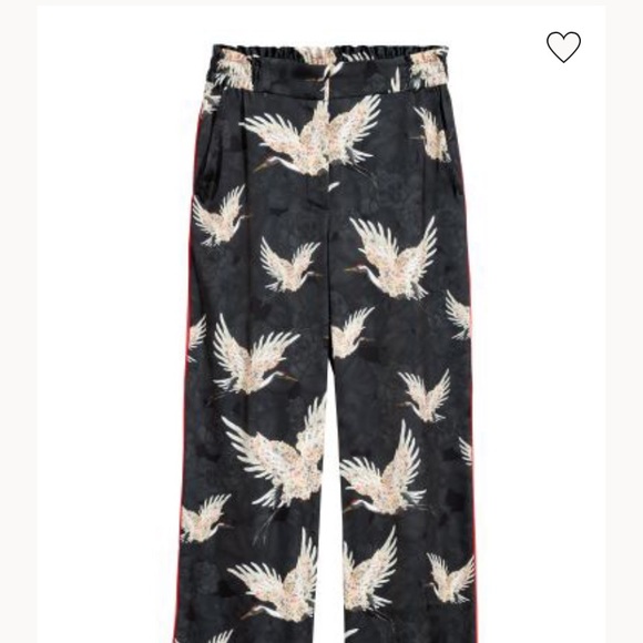H&M Black Satin Heron Bird Wide Leg Trousers